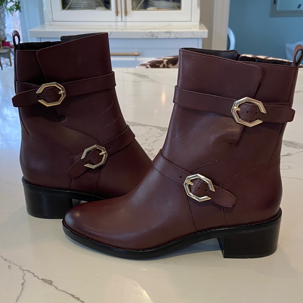 Cole Haan Grande OS Burgundy Moto Style Ankle Boots with Gold Accent Buckles
